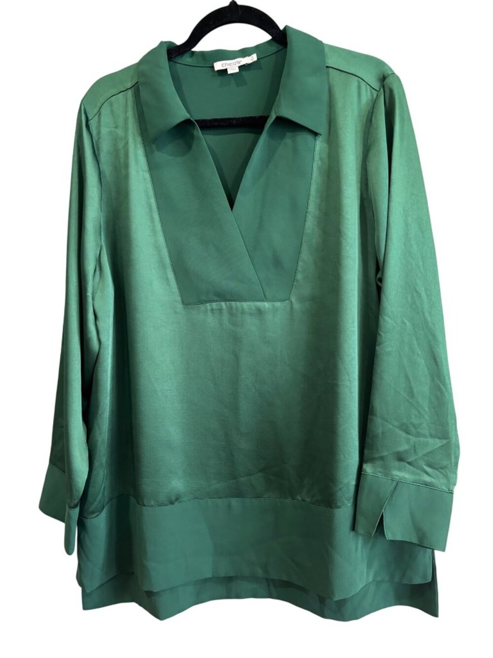 Chicos Green Satin Tunic Blouse Size 16 Long Sleeve Relaxed Fit